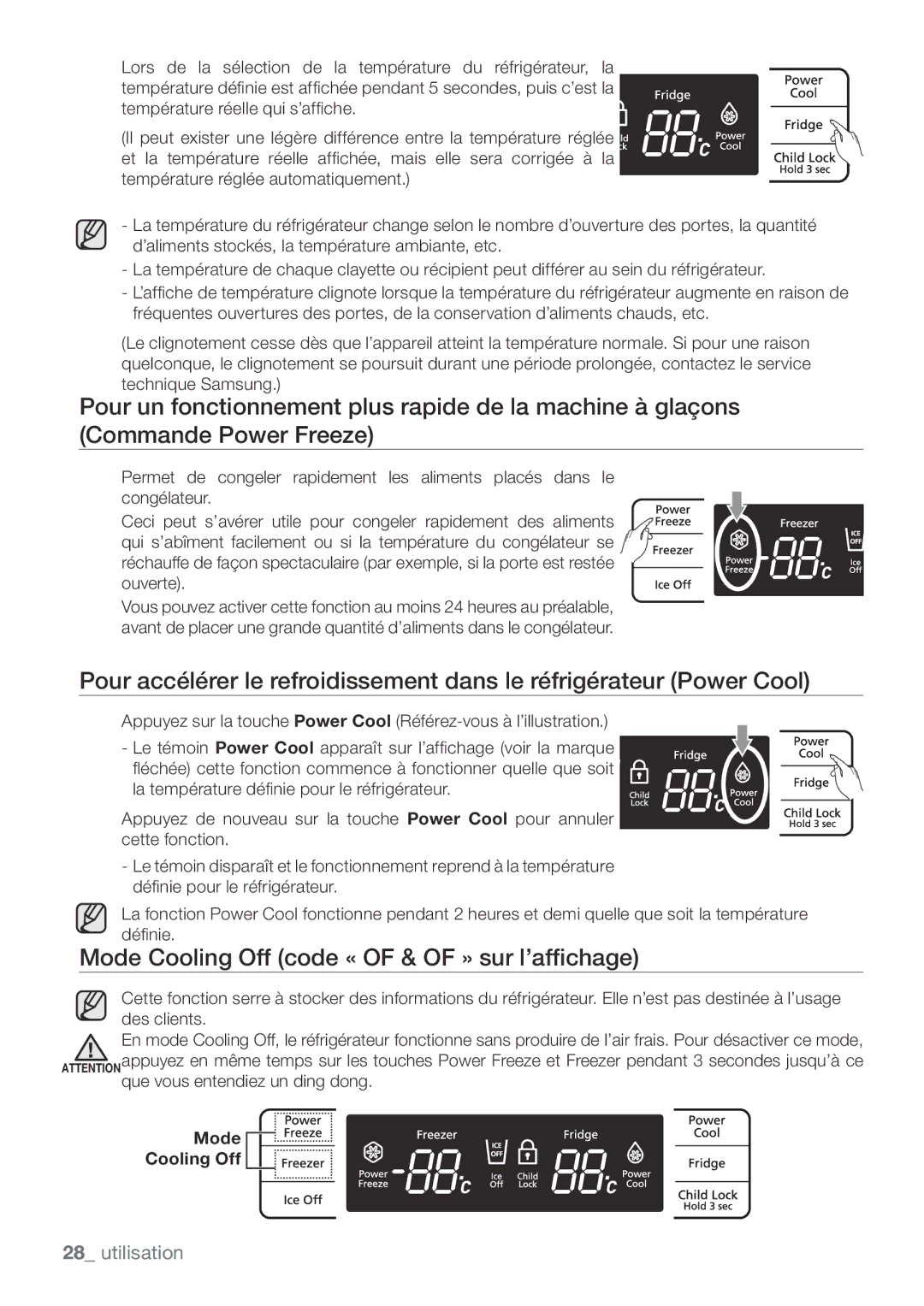 Samsung RL62VCPN1/XEF, RL62ZBTS1/XEF, RL62ZBSH1/XEF, RL62VCTS1/XEF manual Mode Cooling Off code « of & of » sur l’affichage 