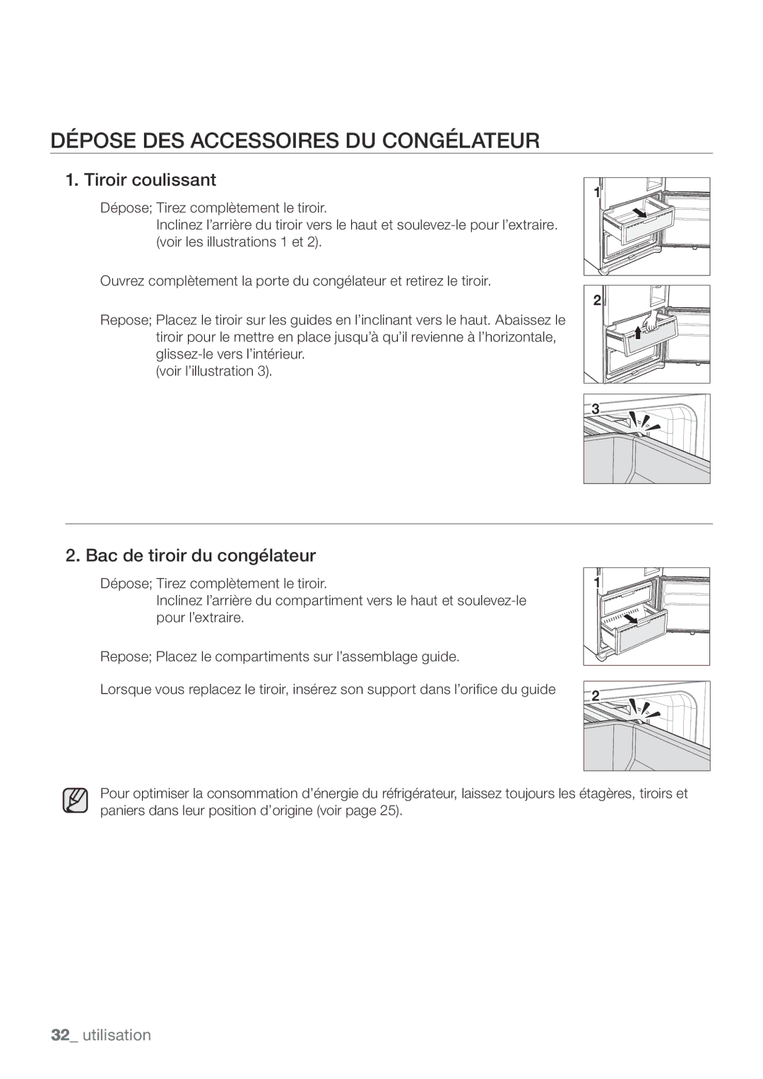 Samsung RL62ZBPN1/XEF manual Dépose DES Accessoires DU Congélateur, Tiroir coulissant, Bac de tiroir du congélateur 