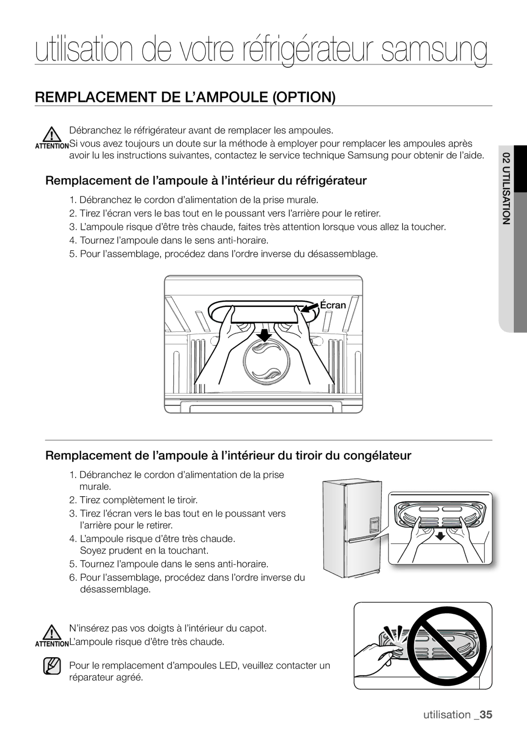 Samsung RL62VCPN1/XEF manual Remplacement DE L’AMPOULE Option, Remplacement de l’ampoule à l’intérieur du réfrigérateur 