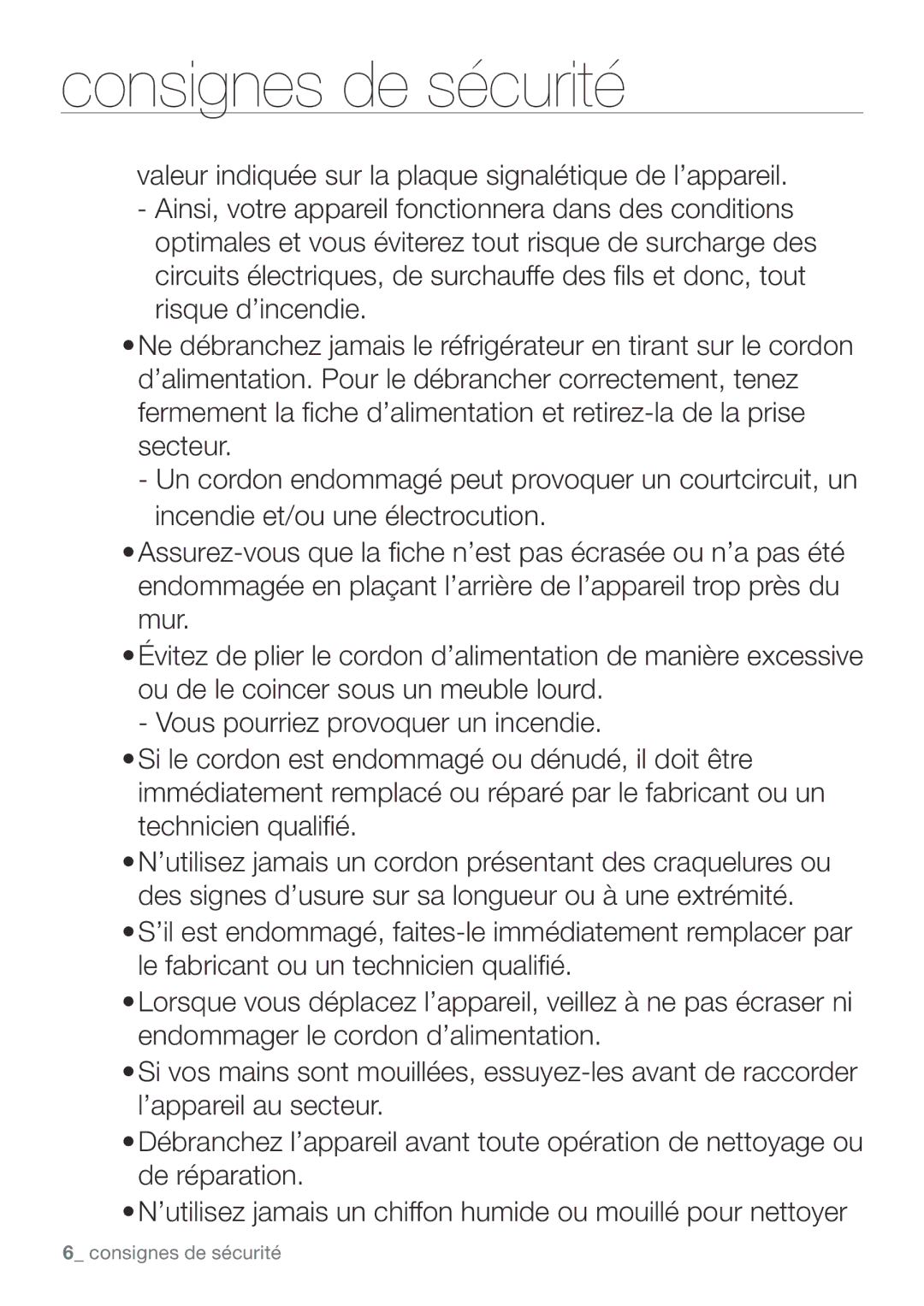 Samsung RL62VCSH1/XEF, RL62VCPN1/XEF, RL62ZBTS1/XEF, RL62ZBSH1/XEF, RL62VCTS1/XEF, RL62ZBPN1/XEF manual Consignes de sécurité 