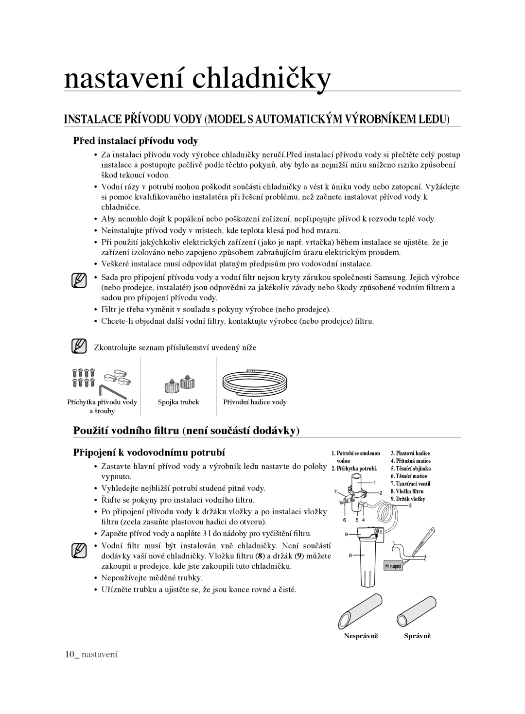 Samsung RL62VCSH1/XEO manual Použití vodního filtru není součástí dodávky, Před instalací přívodu vody 