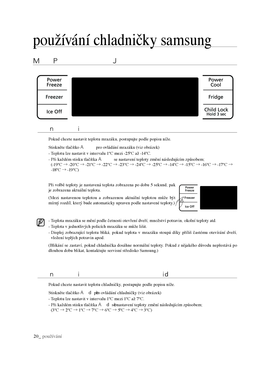 Samsung RL62VCSH1/XEO manual Regulace Teploty, Nastavení teploty mrazáku, Nastavení teploty chladničky 