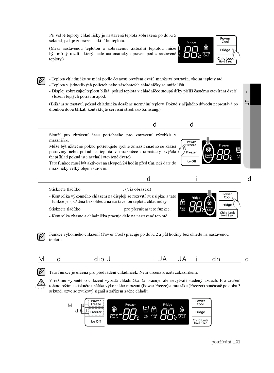 Samsung RL62VCSH1/XEO manual Režim Cooling Off kód of & of na displeji, Stiskněte tlačítko Power Cool. Viz obrázek 