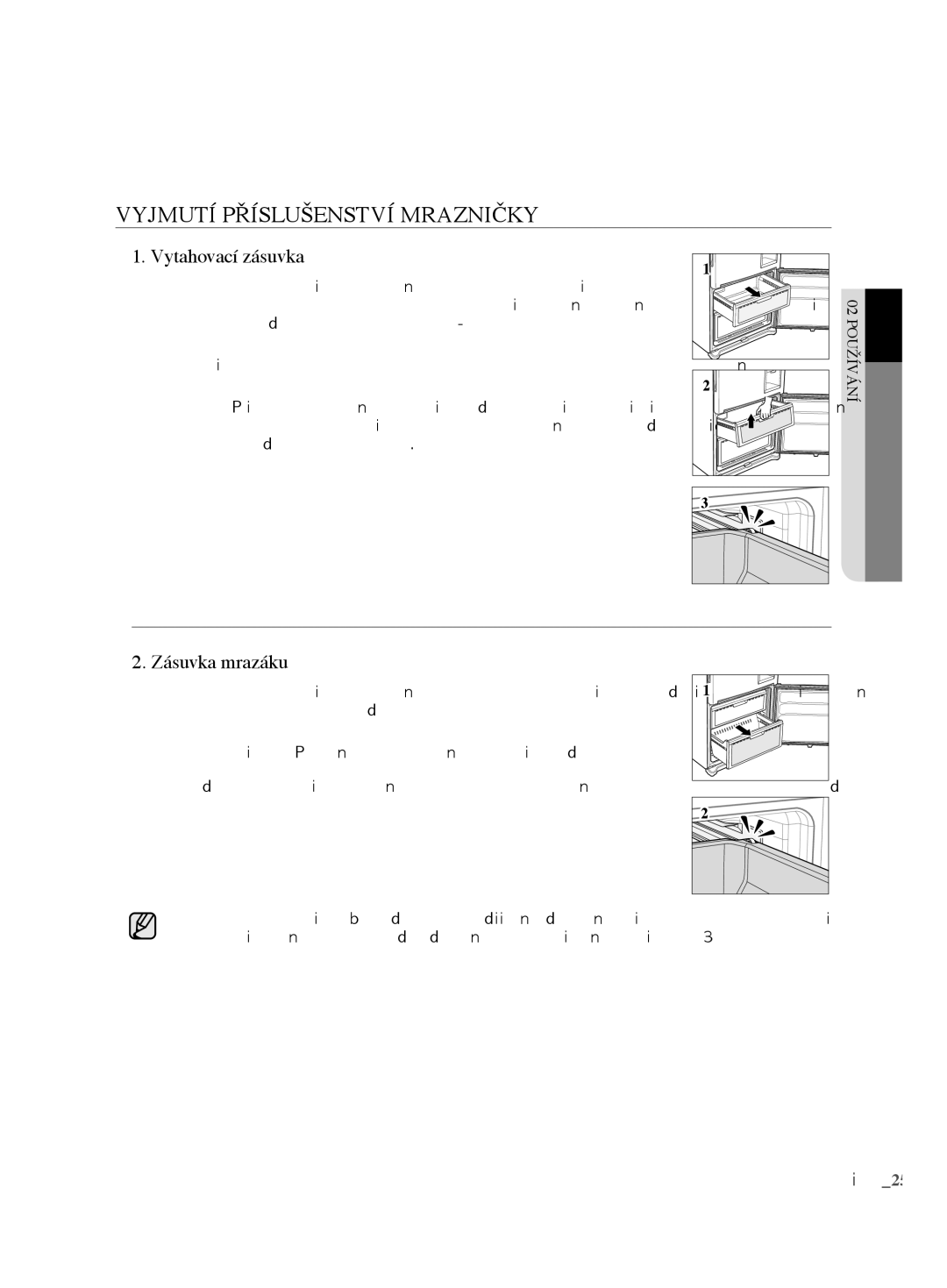 Samsung RL62VCSH1/XEO manual Vyjmutí Příslušenství Mrazničky, Vytahovací zásuvka, Zásuvka mrazáku 