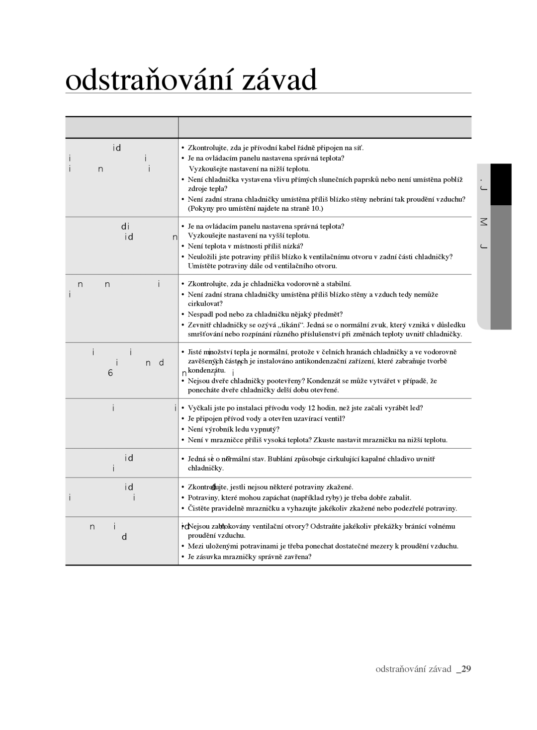 Samsung RL62VCSH1/XEO manual Odstraňování závad, Závada Řešení 