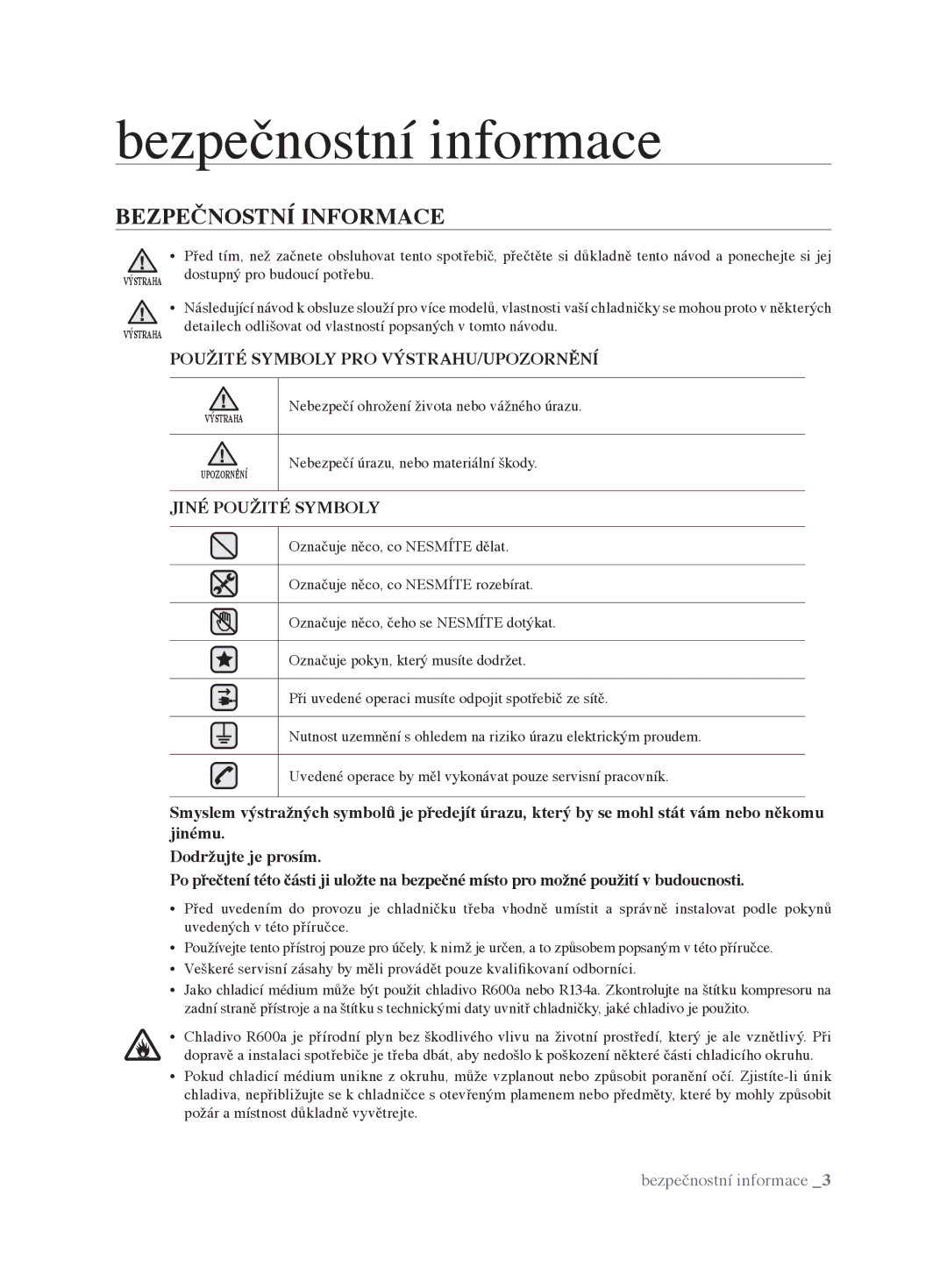 Samsung RL62VCSH1/XEO manual Bezpečnostní informace, Bezpečnostní Informace 