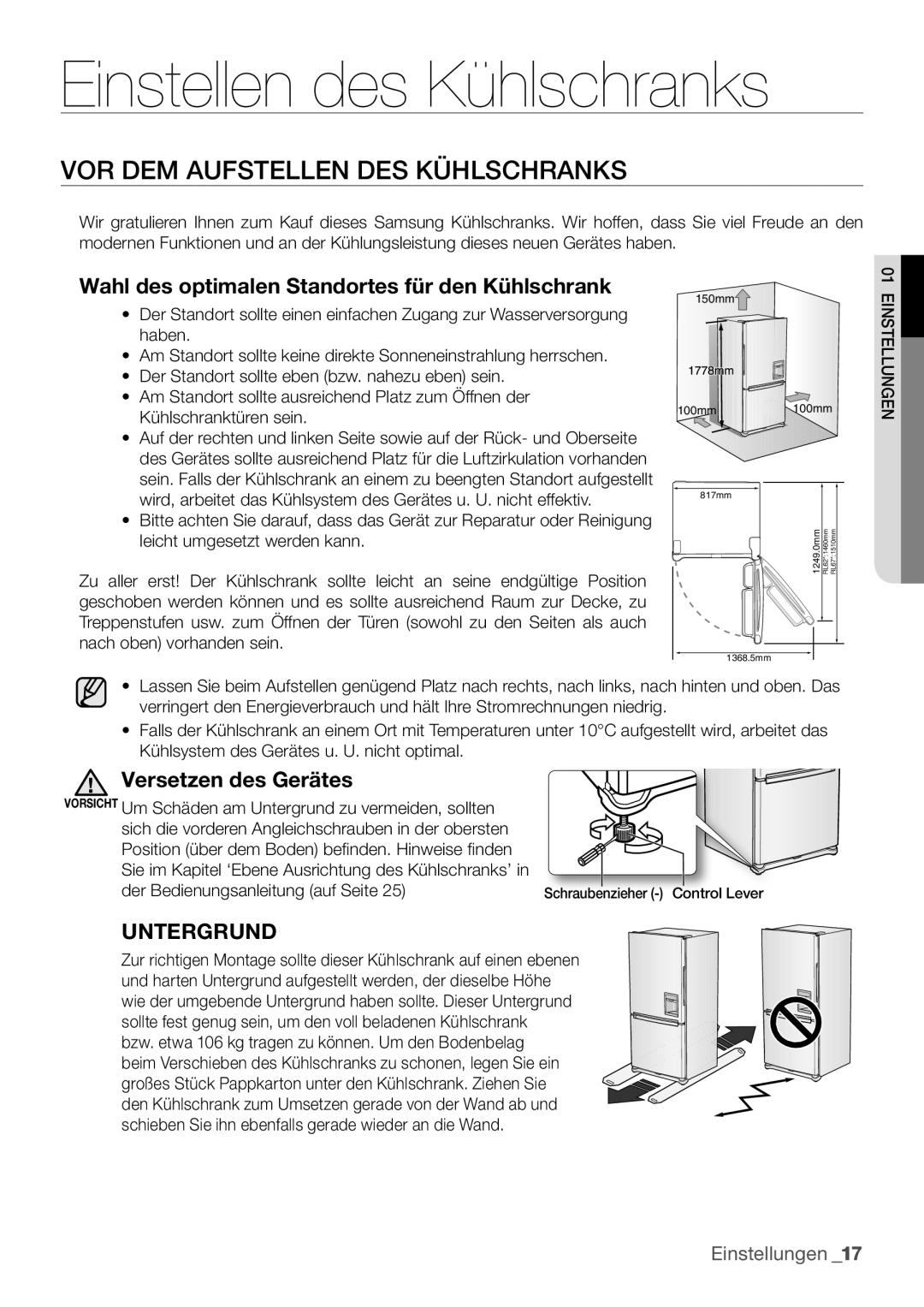 Samsung RL62VCPN1/XEF, RL62ZBPN1/XES, RL62ZBSH1/XES manual Einstellen des Kühlschranks, VOR DEM Aufstellen DES Kühlschranks 