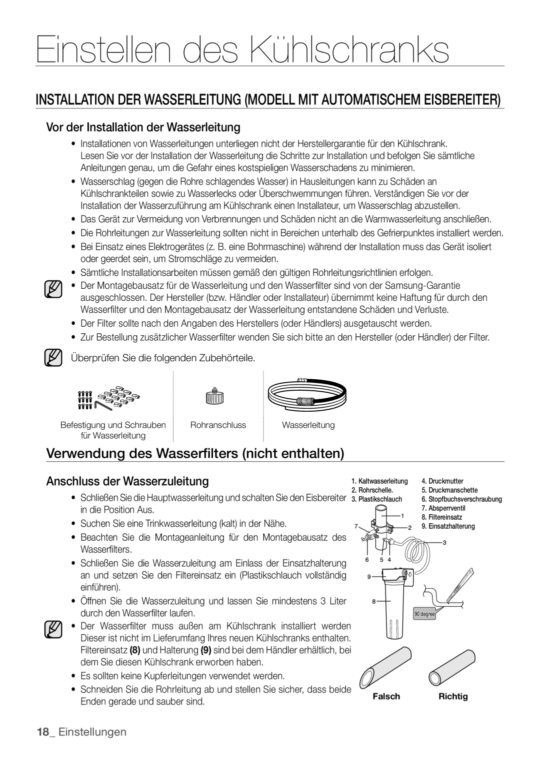 Samsung RL62ZBTS1/XEF, RL62ZBPN1/XES Verwendung des Wasserfilters nicht enthalten, Vor der Installation der Wasserleitung 