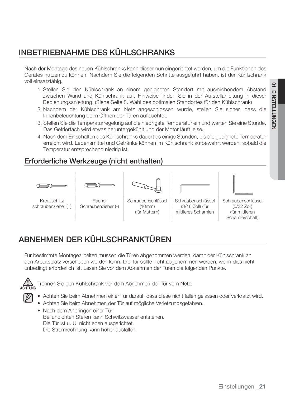 Samsung RL62ZBPN1/XES, RL62ZBSH1/XES, RL62ZBPN1/ANU manual Inbetriebnahme DES Kühlschranks, Abnehmen DER Kühlschranktüren 