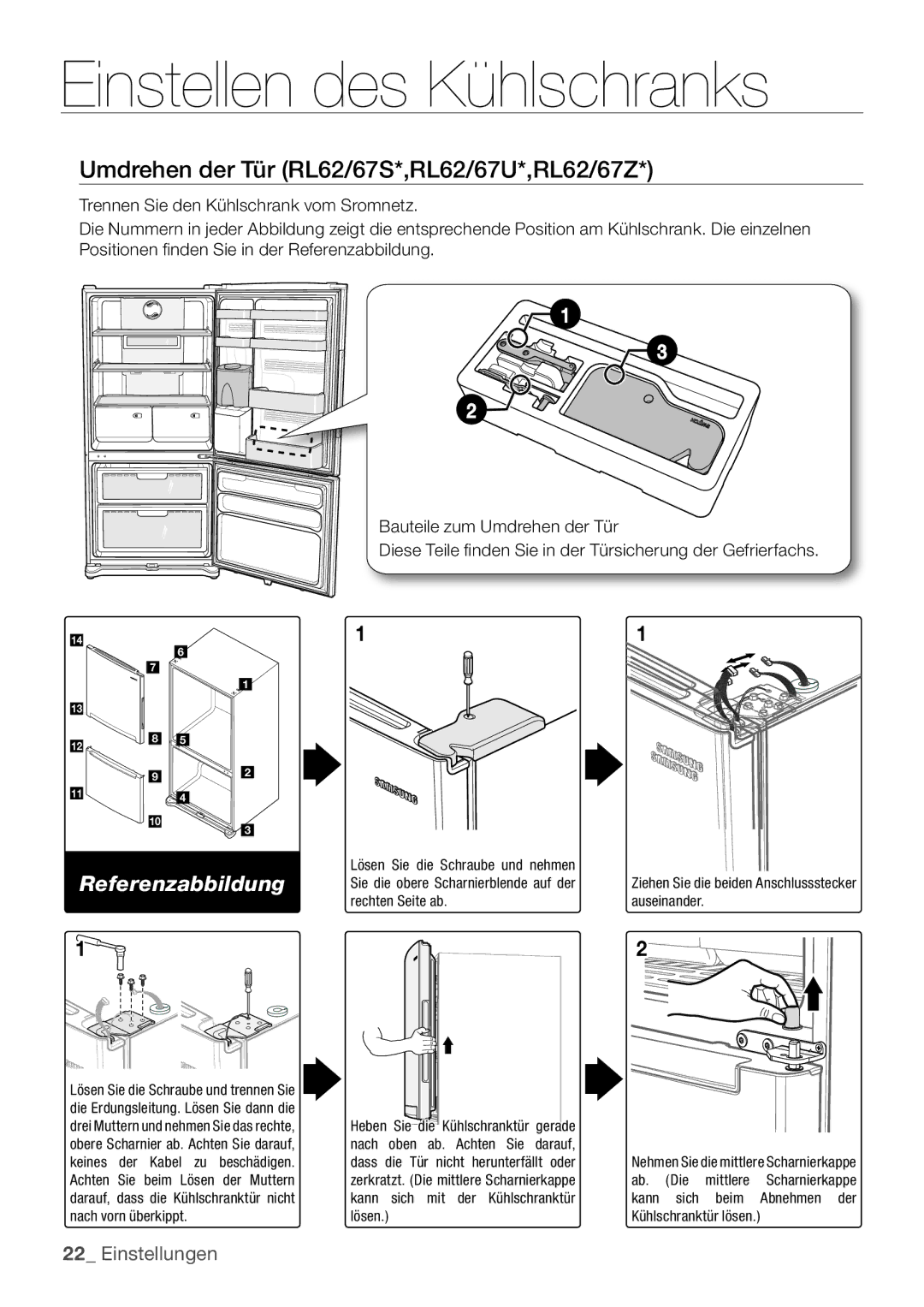 Samsung RL62ZBSH1/XES, RL62ZBPN1/XES, RL62ZBPN1/ANU manual Umdrehen der Tür RL62/67S*,RL62/67U*,RL62/67Z, Referenzabbildung 