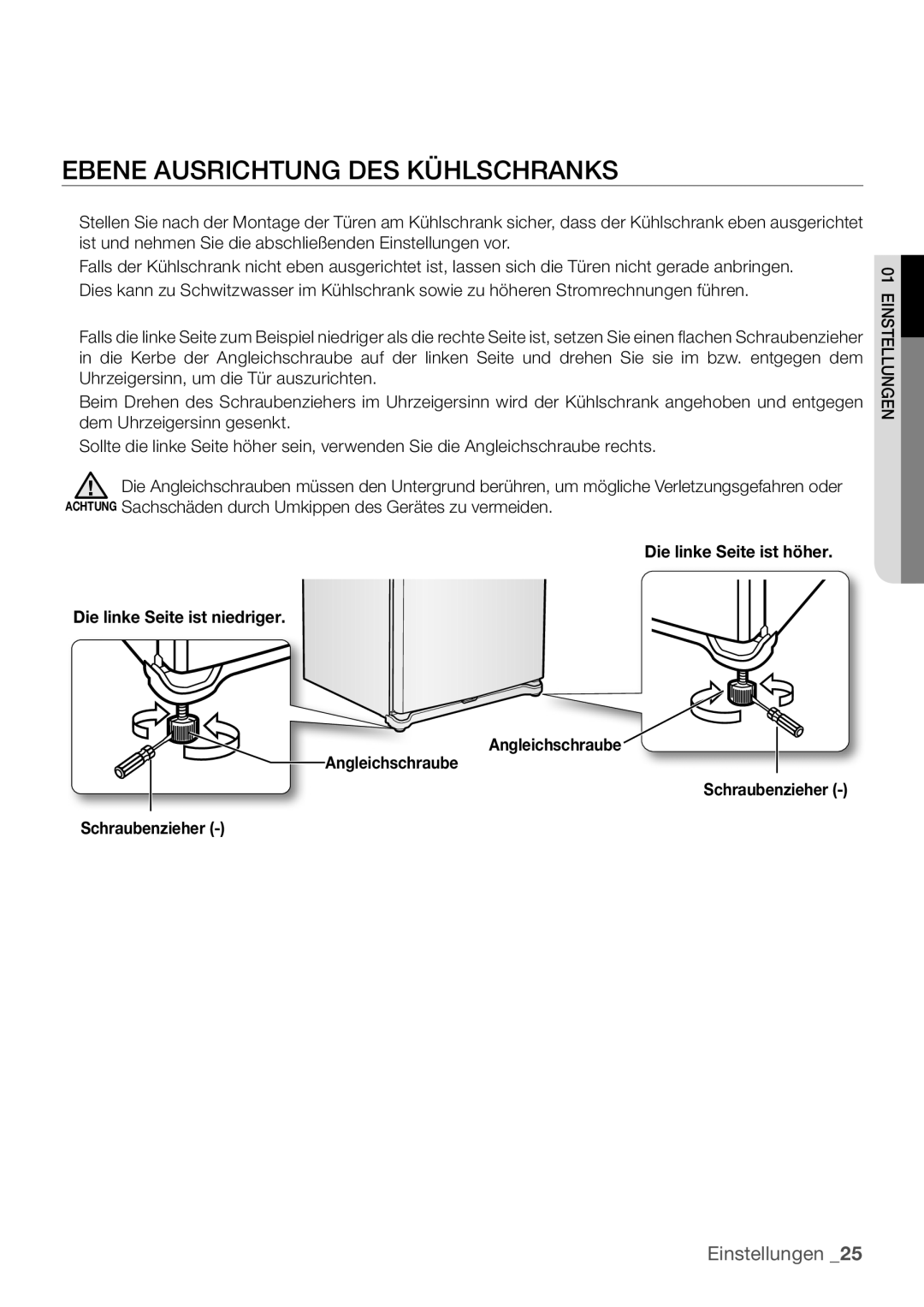 Samsung RL62ZBTS1/XEF, RL62ZBPN1/XES, RL62ZBSH1/XES, RL62ZBPN1/ANU, RL62VCPN1/XEF manual Ebene Ausrichtung DES Kühlschranks 