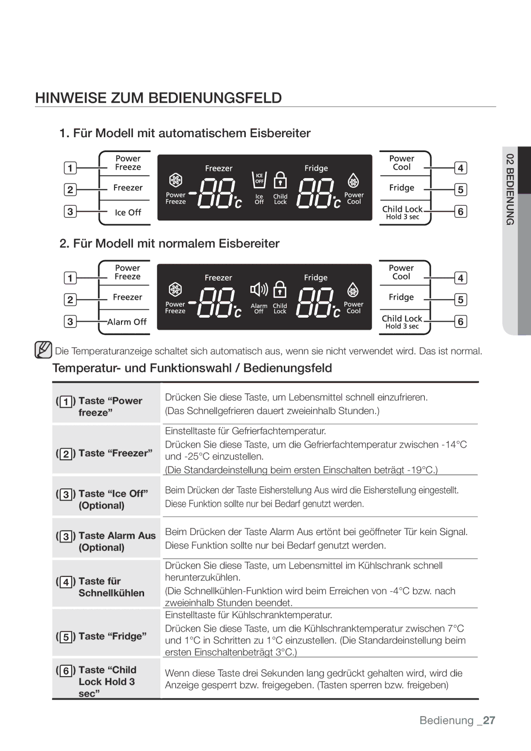 Samsung RL62ZBPN1/XEF, RL62ZBPN1/XES, RL62ZBSH1/XES Hinweise ZUM Bedienungsfeld, Für Modell mit automatischem Eisbereiter 