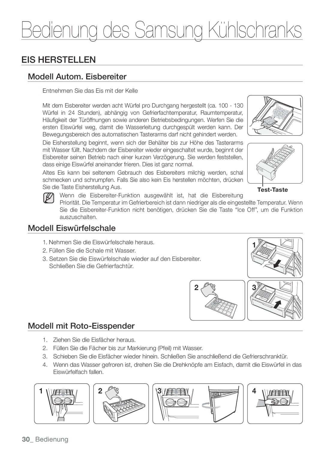 Samsung RL62ZBPN1/ANU manual EIS Herstellen, Modell Autom. Eisbereiter, Modell Eiswürfelschale, Modell mit Roto-Eisspender 