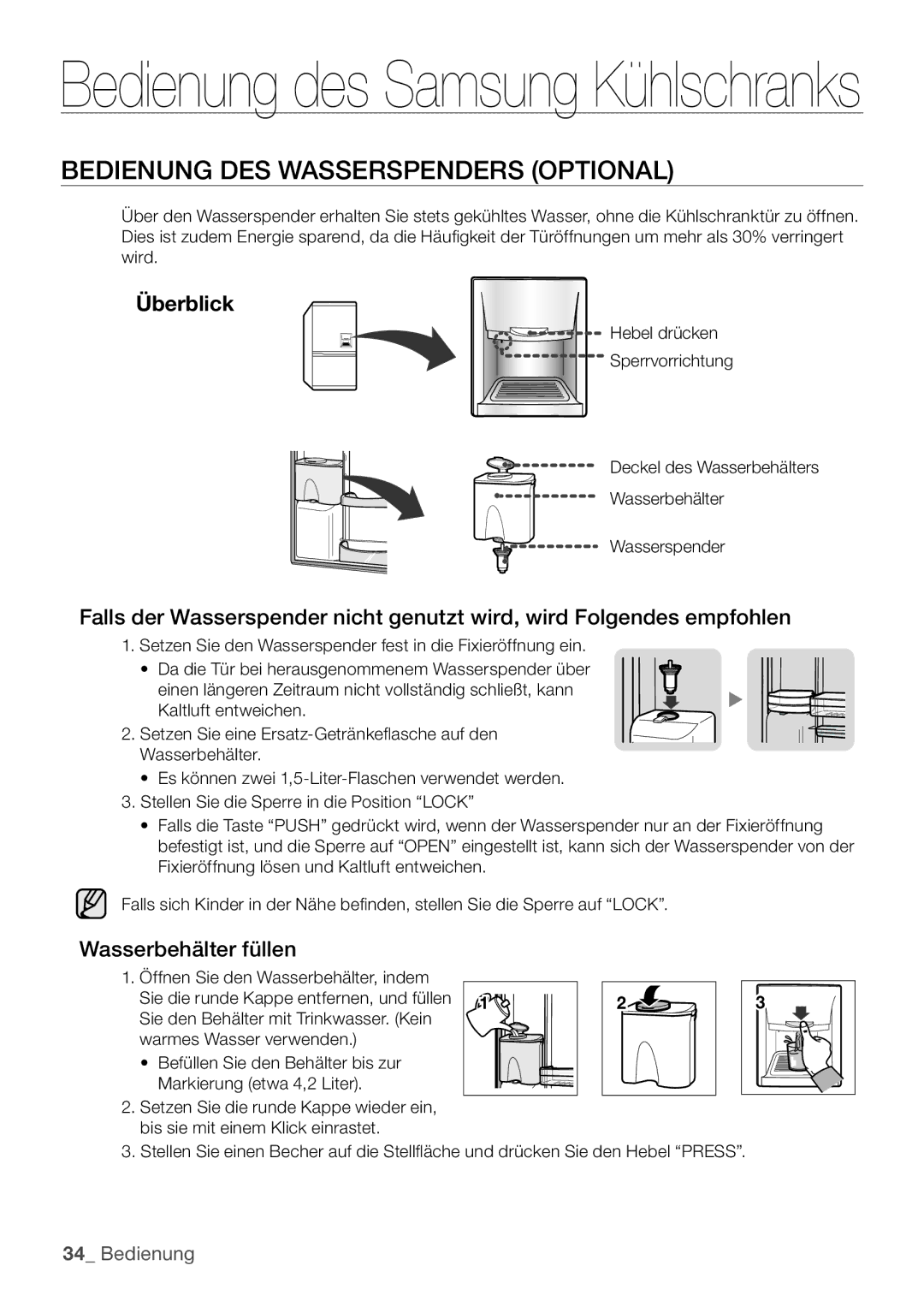 Samsung RL62ZBPN1/XEF, RL62ZBPN1/XES, RL62ZBSH1/XES manual Bedienung DES Wasserspenders Optional, Wasserbehälter füllen 