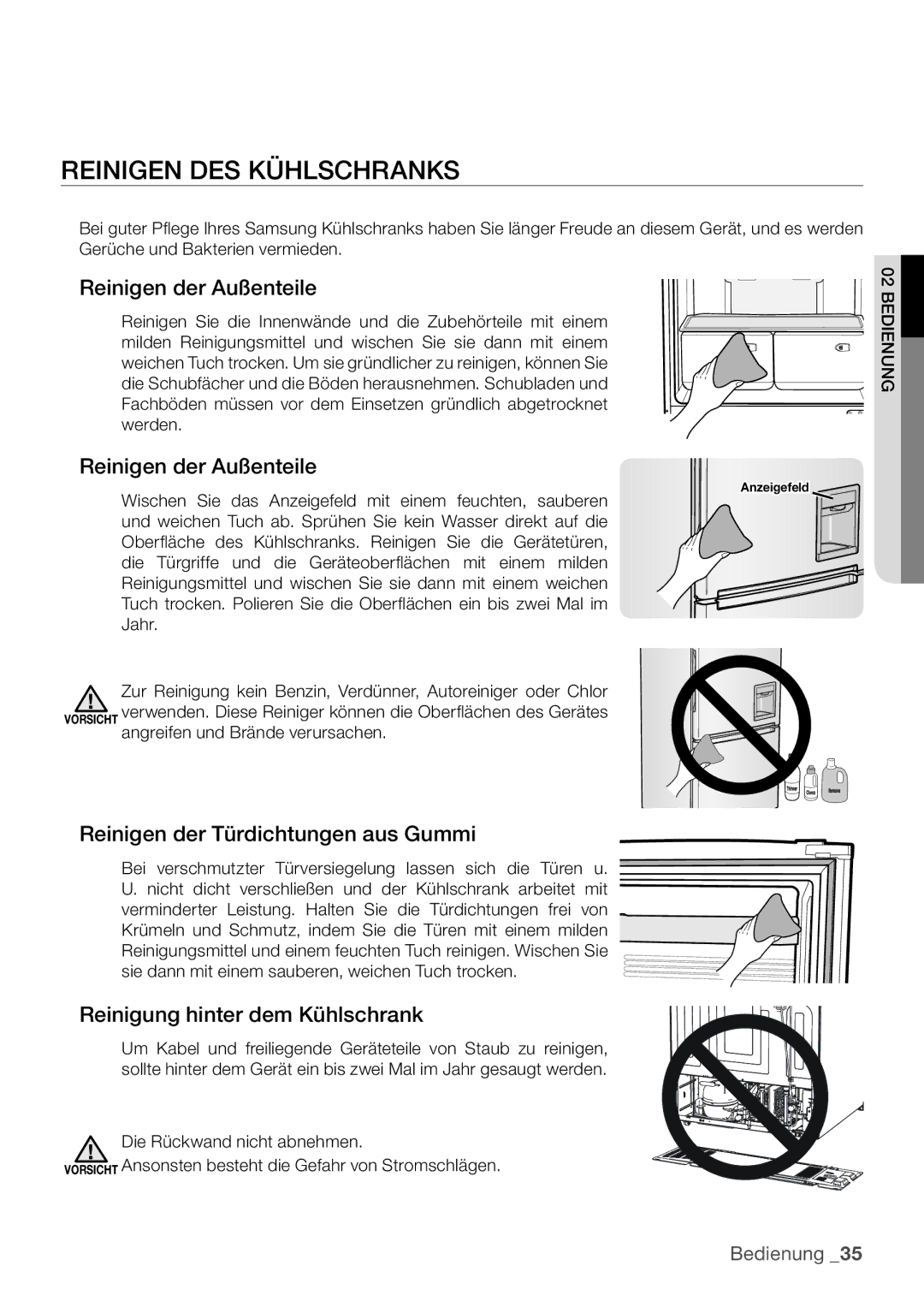 Samsung RL62ZBPN1/XES manual Reinigen DES Kühlschranks, Reinigen der Außenteile, Reinigen der Türdichtungen aus Gummi 