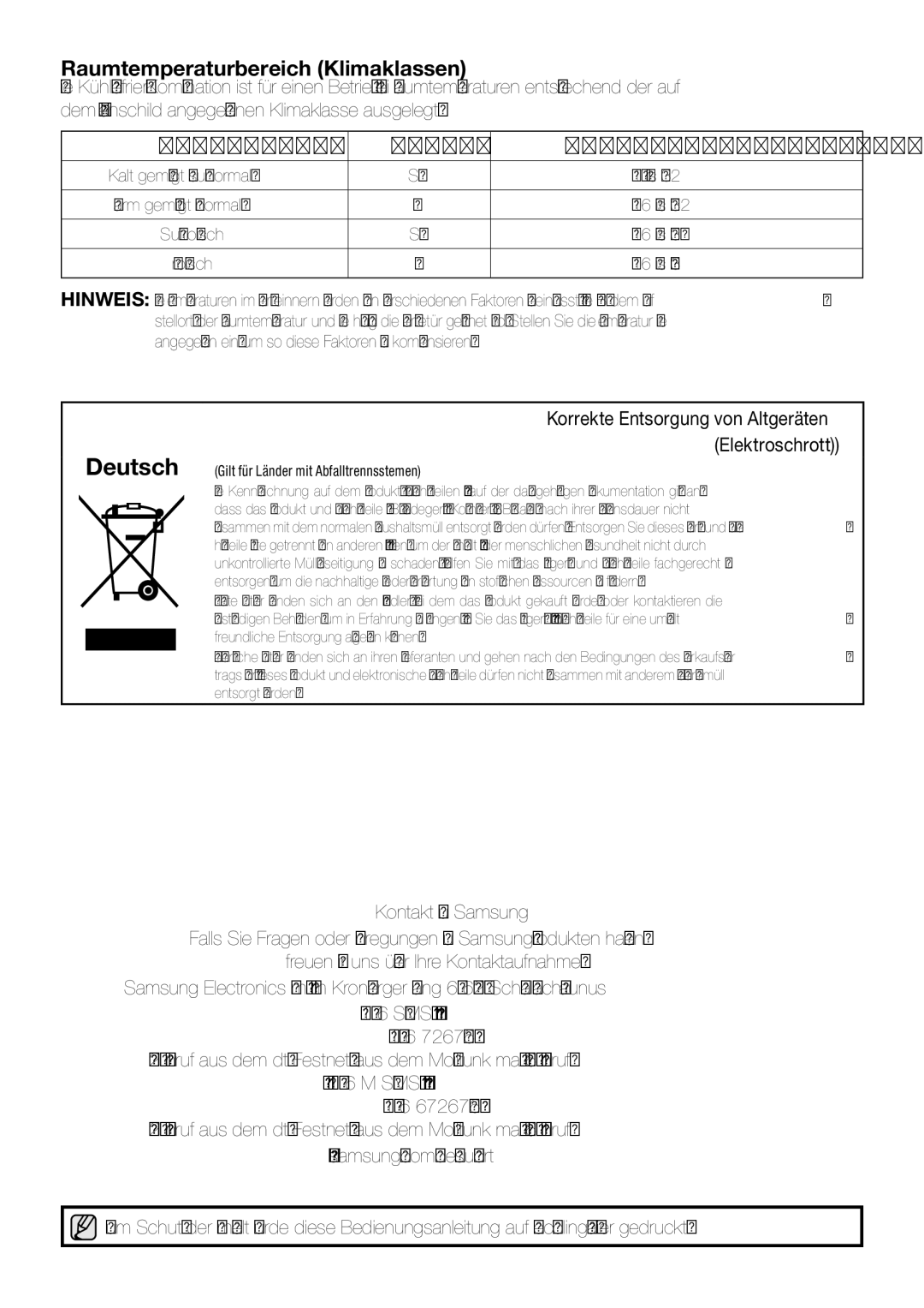 Samsung RL62VCTS1/XEF, RL62ZBPN1/XES, RL62ZBSH1/XES, RL62ZBPN1/ANU, RL62VCPN1/XEF manual Raumtemperaturbereich Klimaklassen 