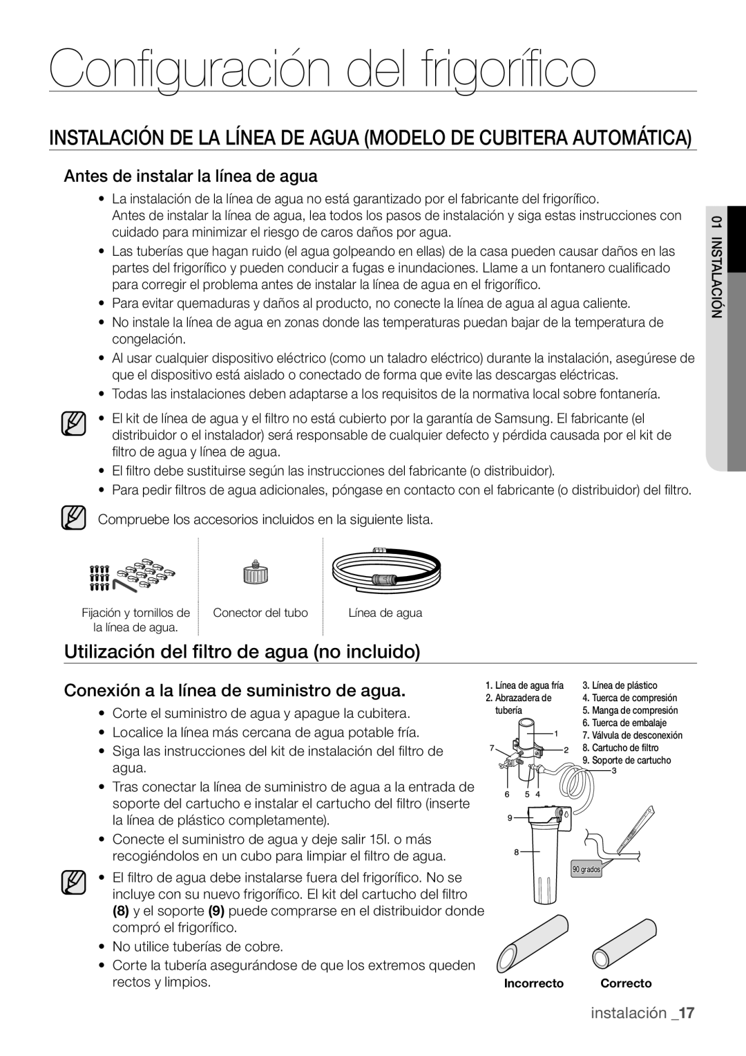 Samsung RL62VCSW1/XES, RL62ZBSH1/XES manual Utilización del filtro de agua no incluido, Antes de instalar la línea de agua 