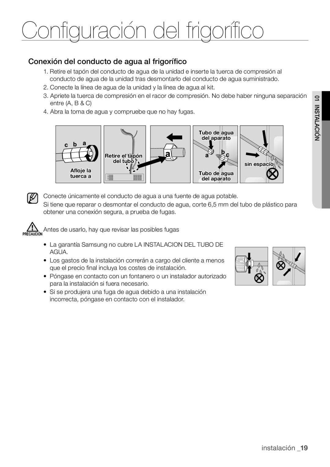 Samsung RL62VCSH1/XES, RL62ZBSH1/XES, RL67VCSH1/XES, RL62VCSW1/XES manual Conexión del conducto de agua al frigorífico 