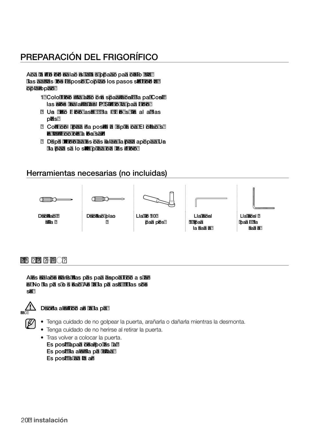 Samsung RL62ZBSH1/XES, RL67VCSH1/XES, RL62VCSW1/XES manual Preparación DEL Frigorífico, Retirar LAS Puertas DEL Frigorífico 