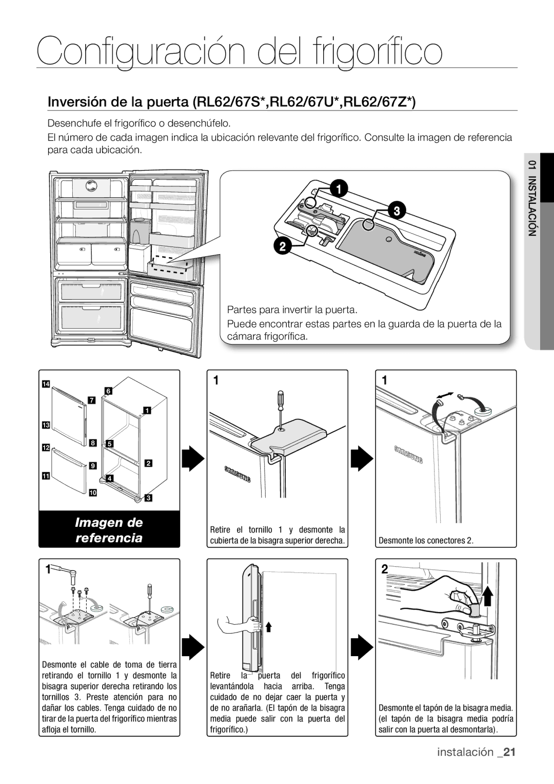 Samsung RL67VCSH1/XES, RL62ZBSH1/XES manual Inversión de la puerta RL62/67S*,RL62/67U*,RL62/67Z, Imagen de referencia 