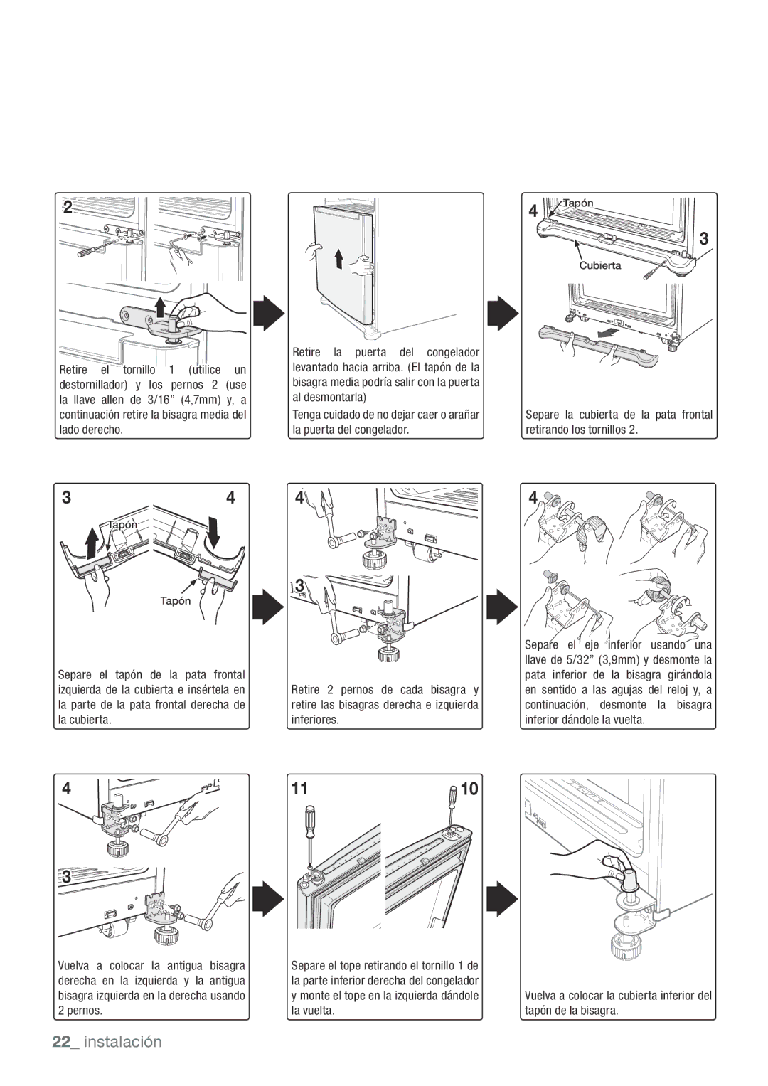 Samsung RL62VCSW1/XES, RL62ZBSH1/XES, RL67VCSH1/XES, RL62VCPN1/XES, RL62VCSH1/XES manual La parte de la pata frontal derecha de 