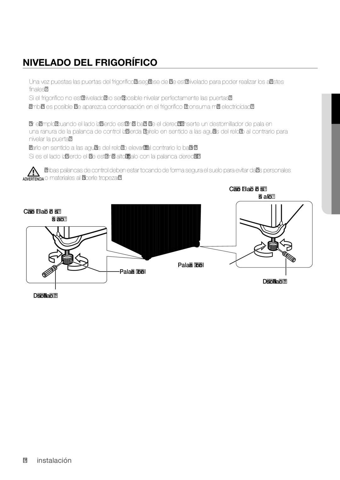 Samsung RL62VCSH1/XES, RL62ZBSH1/XES, RL67VCSH1/XES, RL62VCSW1/XES, RL62VCPN1/XES manual Nivelado DEL Frigorífico 