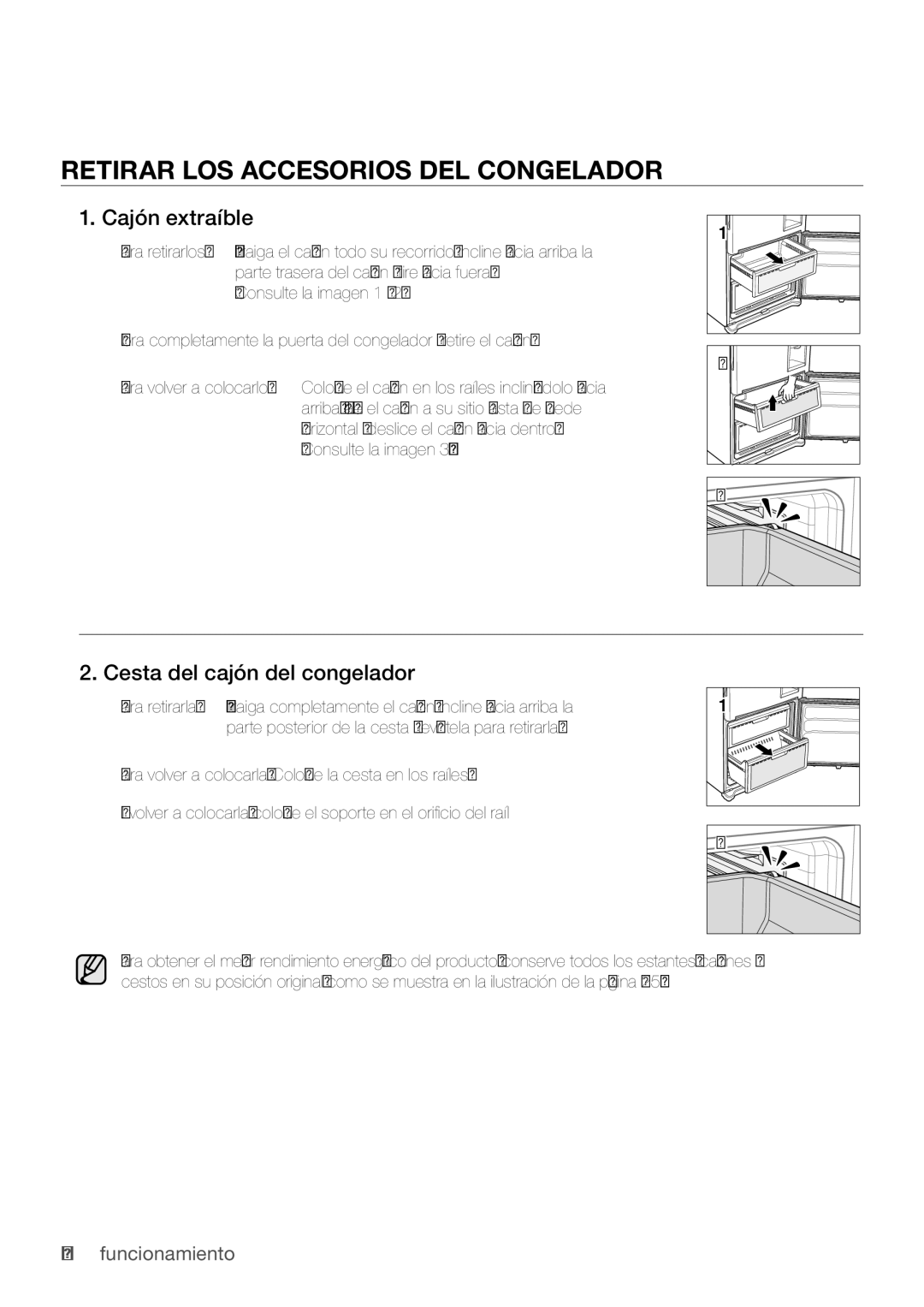 Samsung RL62VCSW1/XES manual Retirar LOS Accesorios DEL Congelador, Cajón extraíble, Cesta del cajón del congelador 