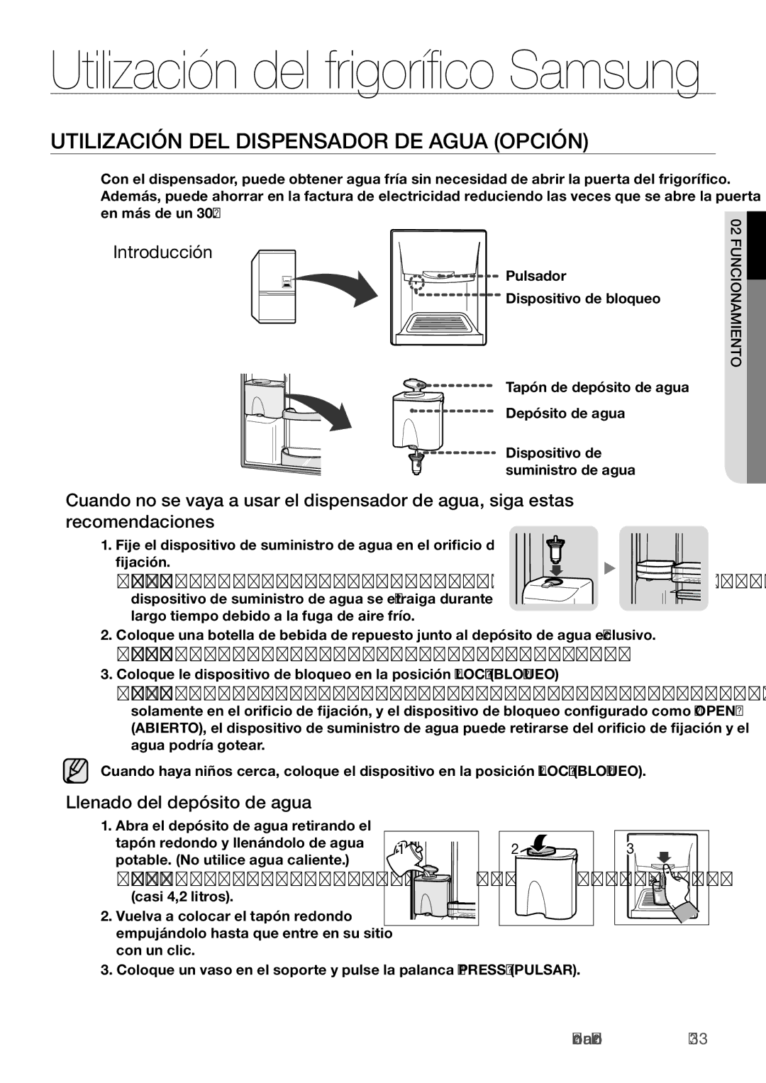 Samsung RL62VCPN1/XES, RL62ZBSH1/XES manual Utilización DEL Dispensador DE Agua Opción, Llenado del depósito de agua 