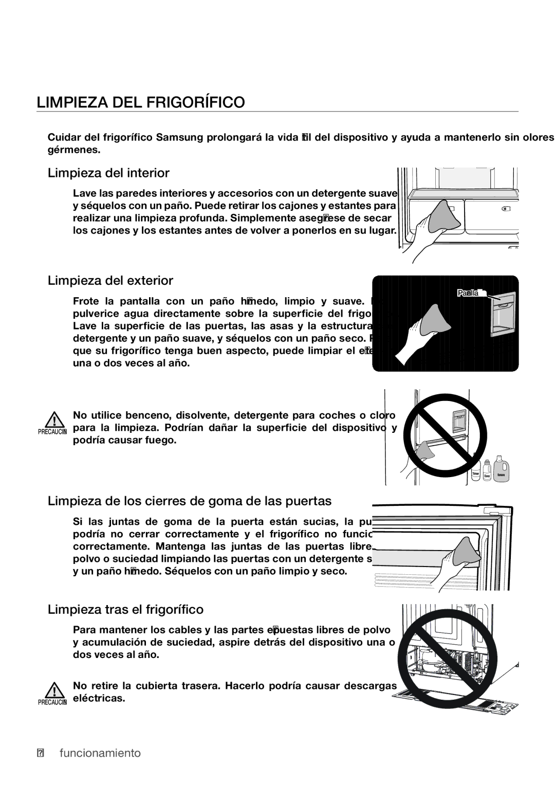 Samsung RL62VCSH1/XES Limpieza DEL Frigorífico, Limpieza del interior, Limpieza del exterior, Limpieza tras el frigorífico 