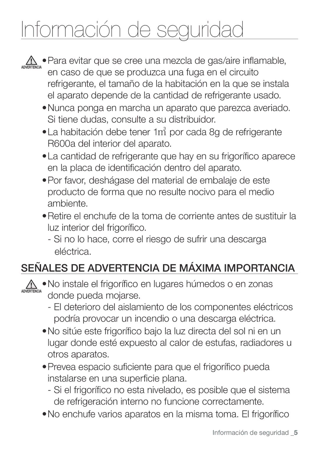 Samsung RL62ZBSH1/XES, RL67VCSH1/XES, RL62VCSW1/XES, RL62VCPN1/XES manual Señales DE Advertencia DE Máxima Importancia 