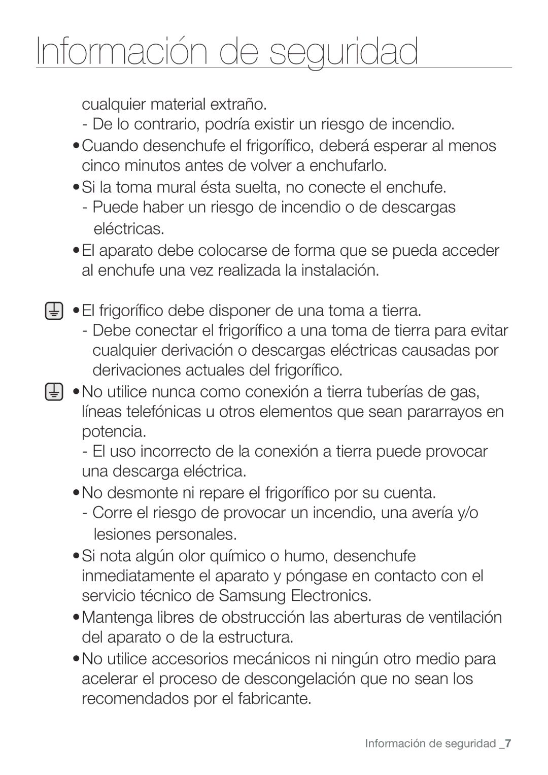 Samsung RL62VCSW1/XES, RL62ZBSH1/XES, RL67VCSH1/XES, RL62VCPN1/XES, RL62VCSH1/XES manual Información de seguridad 