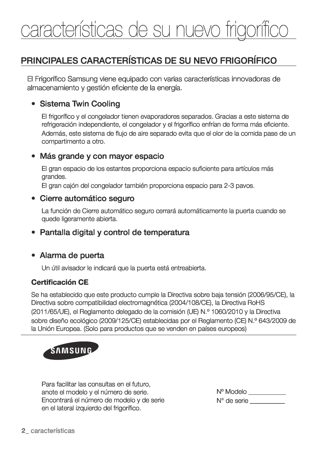Samsung RL62VCSW1/XES manual características de su nuevo frigorífico, Principales Características De Su Nevo Frigorífico 