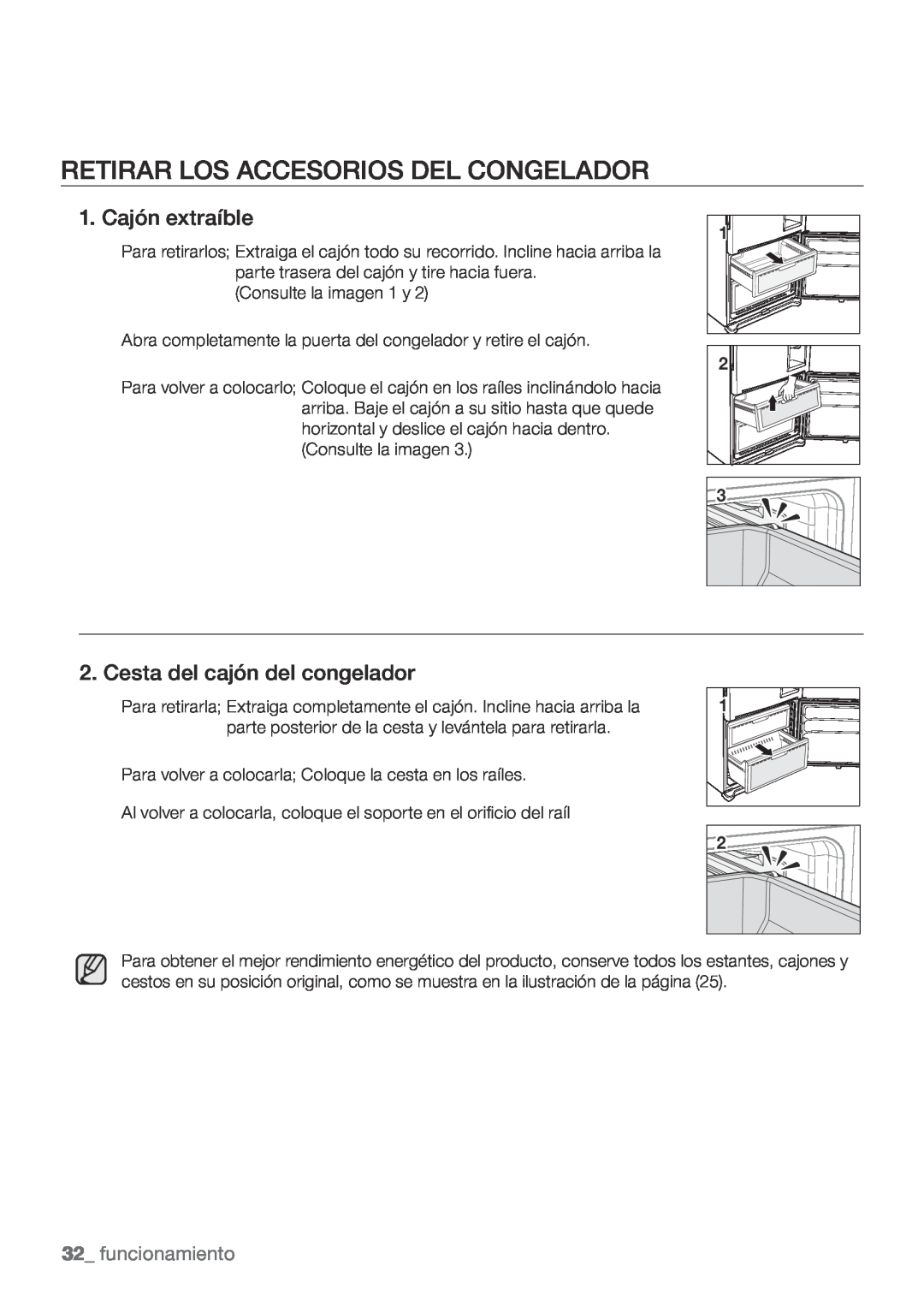 Samsung RL62VCSW1/XES manual Retirar Los Accesorios Del Congelador, Cajón extraíble, Cesta del cajón del congelador 