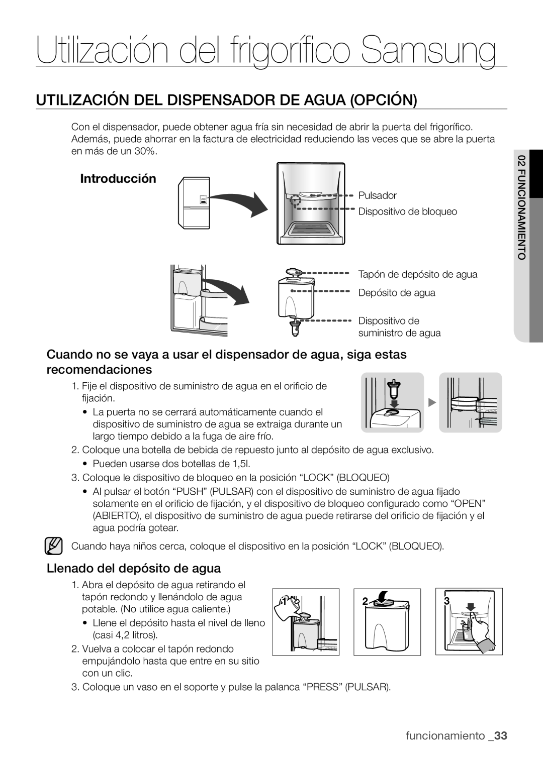 Samsung RL62VCPN1/XES manual Utilización del frigorífico Samsung, Utilización Del Dispensador De Agua Opción, Introducción 