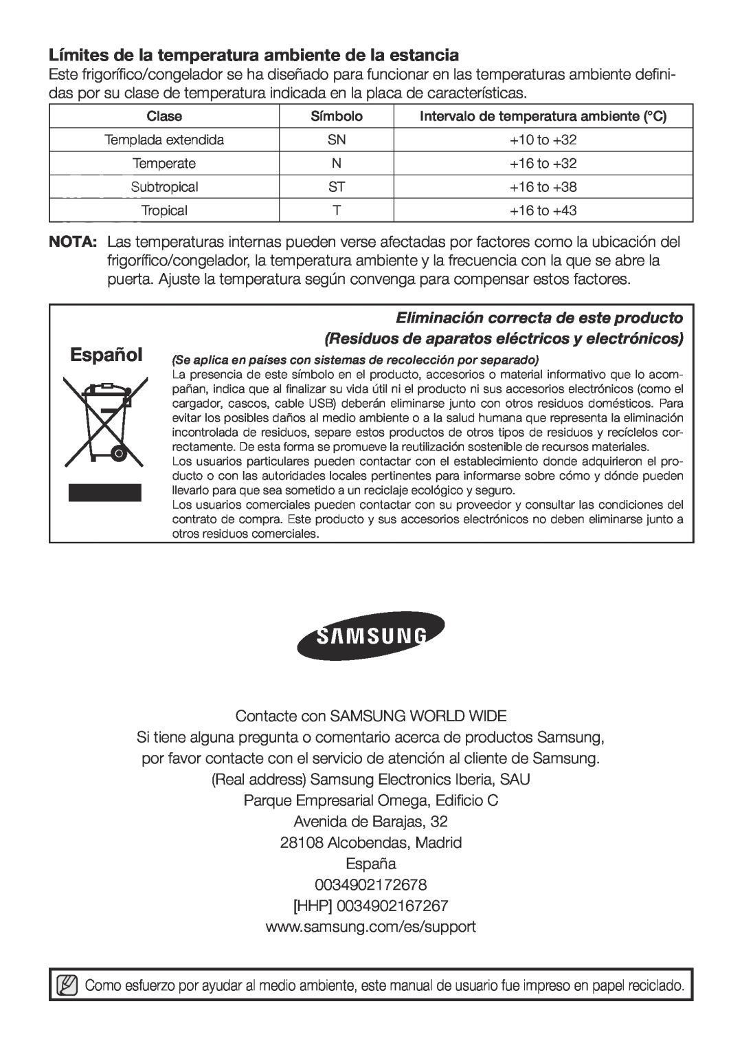 Samsung RL62VCSH1/XES Español, Límites de la temperatura ambiente de la estancia, Eliminación correcta de este producto 