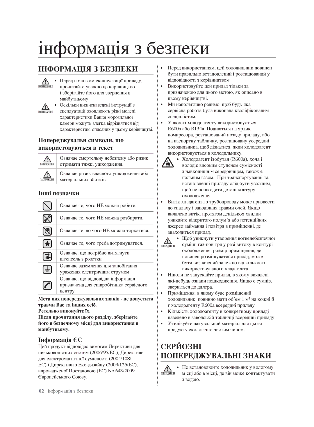 Samsung RL62ZBVB1/BWT, RL62ZBSH1/BWT manual Інформація з безпеки, Інформація З Безпеки, Серйозні попереджувальні знаки 