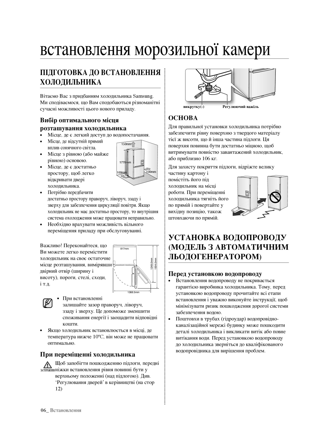 Samsung RL62ZBVB1/BWT Підготовка до встановлення холодильника, Вибір оптимального місця Розташування холодильника, Основа 