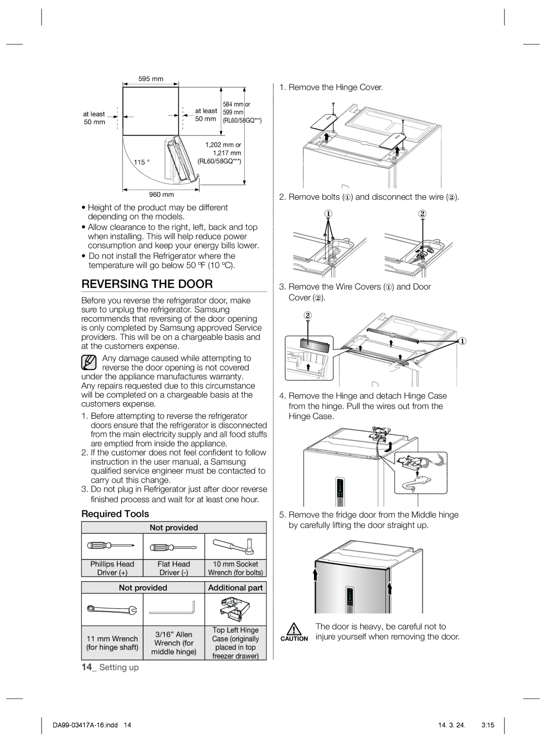 Samsung RL58GQGIH1/XEF, RL63GQERS1/XEF, RL60GLBSW1/XEF, RL58GQBMG1/XEF, RL56GREIH1/XEF Reversing the Door, Required Tools 