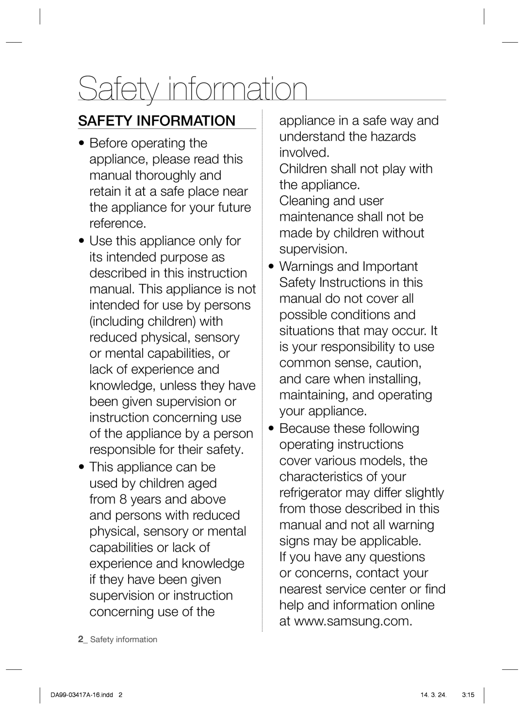 Samsung RL58GQBMG1/XEF, RL63GQERS1/XEF, RL60GLBSW1/XEF, RL56GREIH1/XEF, RL60GLBTS1/XEF Safety information, Safety Information 