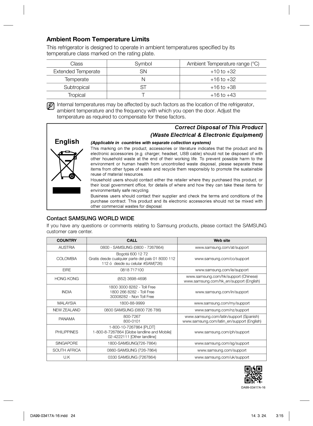 Samsung RL58GEGTS1/XEF, RL63GQERS1/XEF, RL60GLBSW1/XEF manual Ambient Room Temperature Limits, Contact Samsung World Wide 