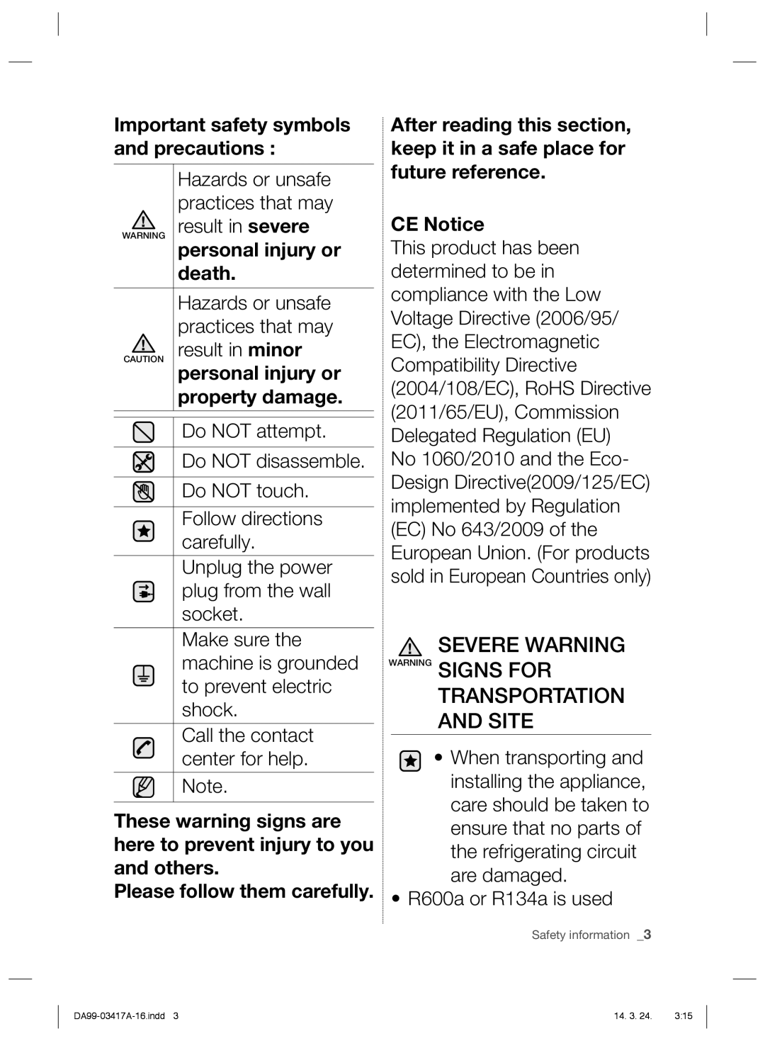 Samsung RL56GREIH1/XEF, RL63GQERS1/XEF manual Severe Warning Warning Signs for Transportation and Site, Property damage 