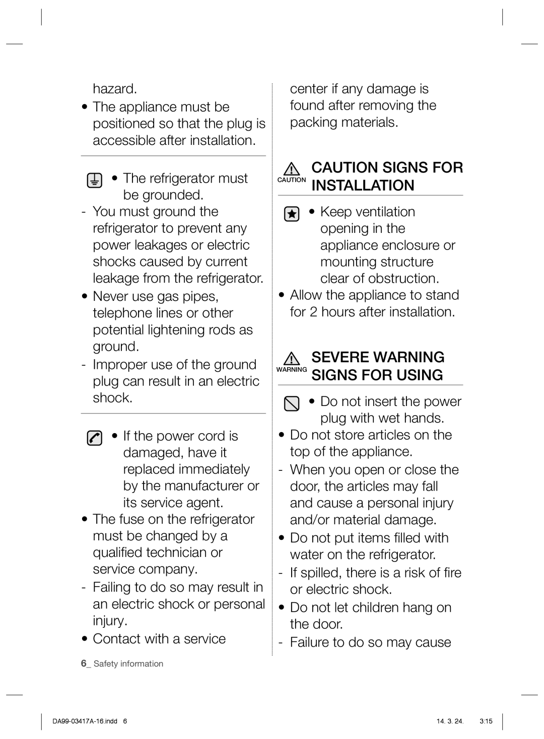 Samsung RL58GQERS1/XEF, RL63GQERS1/XEF, RL60GLBSW1/XEF, RL58GQBMG1/XEF, RL56GREIH1/XEF Severe Warning Warning Signs for Using 