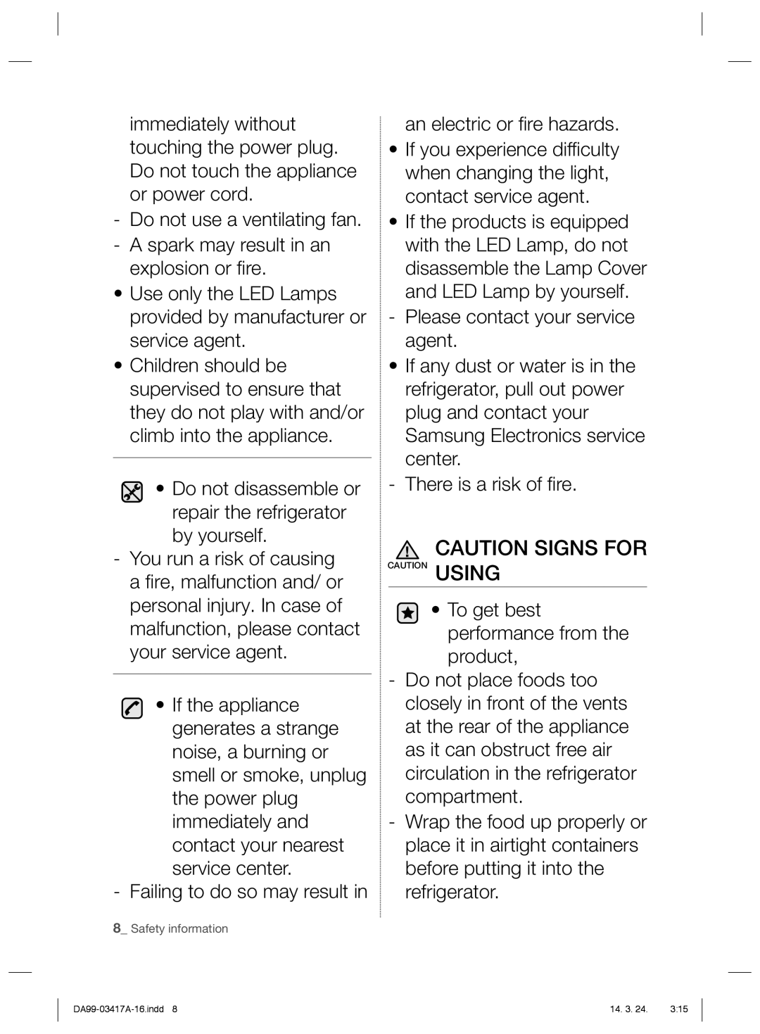 Samsung RL63GQESW1/XEF, RL63GQERS1/XEF, RL60GLBSW1/XEF, RL58GQBMG1/XEF, RL56GREIH1/XEF manual An electric or ﬁ re hazards 