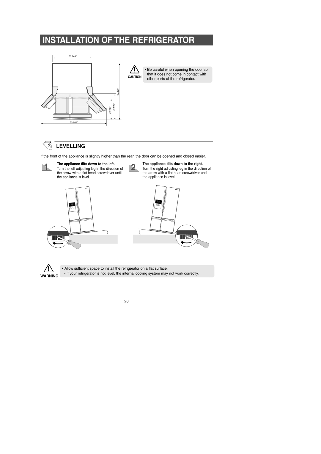 Samsung RM255AB*, RM257AB* owner manual Appliance tilts down to the left, Appliance tilts down to the right 