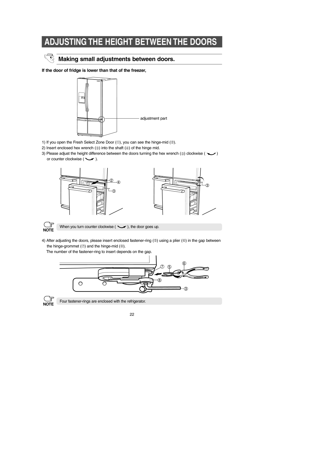 Samsung RM255AB*, RM257AB* owner manual Adjusting the Height Between the Doors, Making small adjustments between doors 