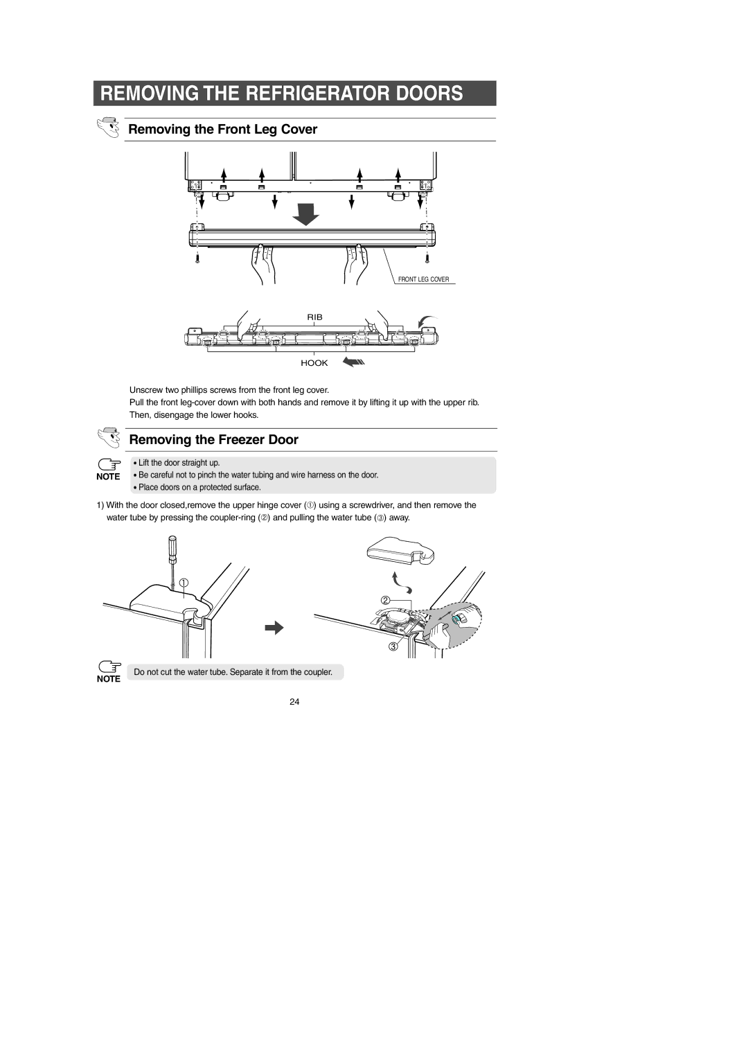 Samsung RM255AB*, RM257AB* Removing the Refrigerator Doors, Removing the Front Leg Cover, Removing the Freezer Door 