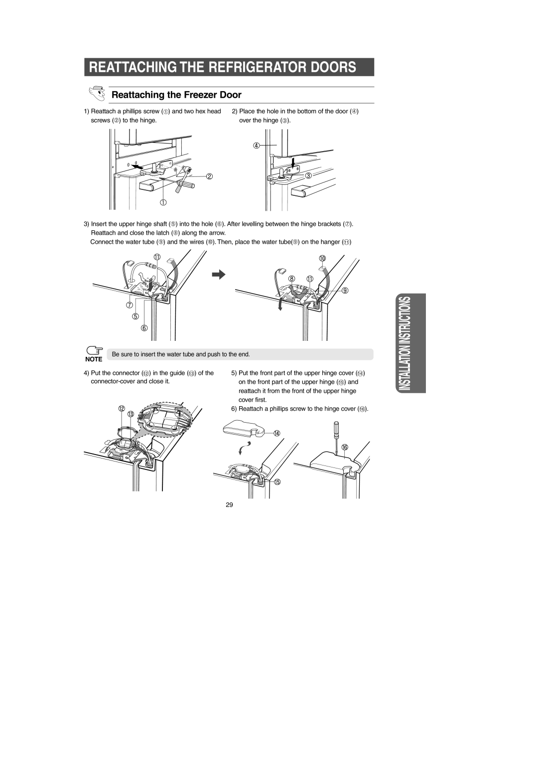 Samsung RM257AB*, RM255AB* owner manual Reattaching the Refrigerator Doors, Reattaching the Freezer Door 