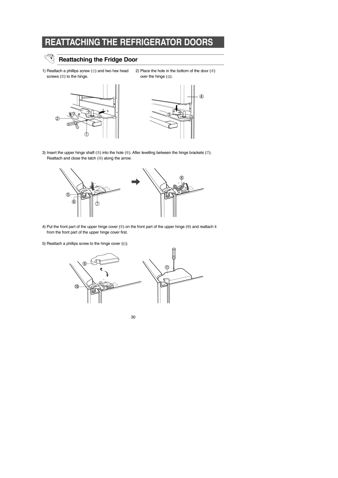 Samsung RM255AB*, RM257AB* owner manual Reattaching the Refrigerator Doors, Reattaching the Fridge Door 