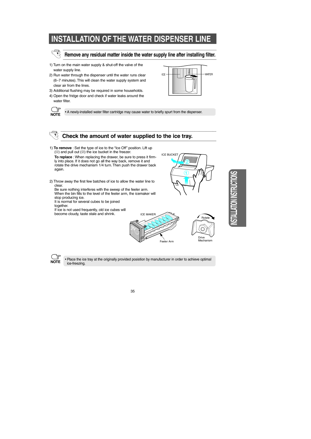 Samsung RM257AB*, RM255AB* Installation of the Water Dispenser Line, Check the amount of water supplied to the ice tray 