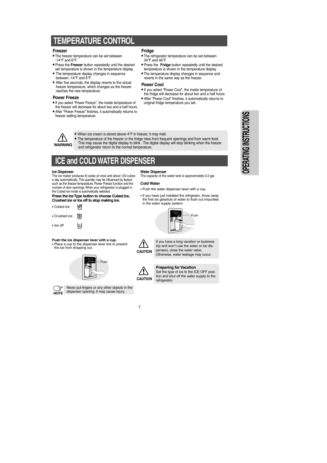 Samsung RM257AB*, RM255AB* owner manual Ice Dispenser Water Dispenser, Cold Water, Preparing for Vacation 